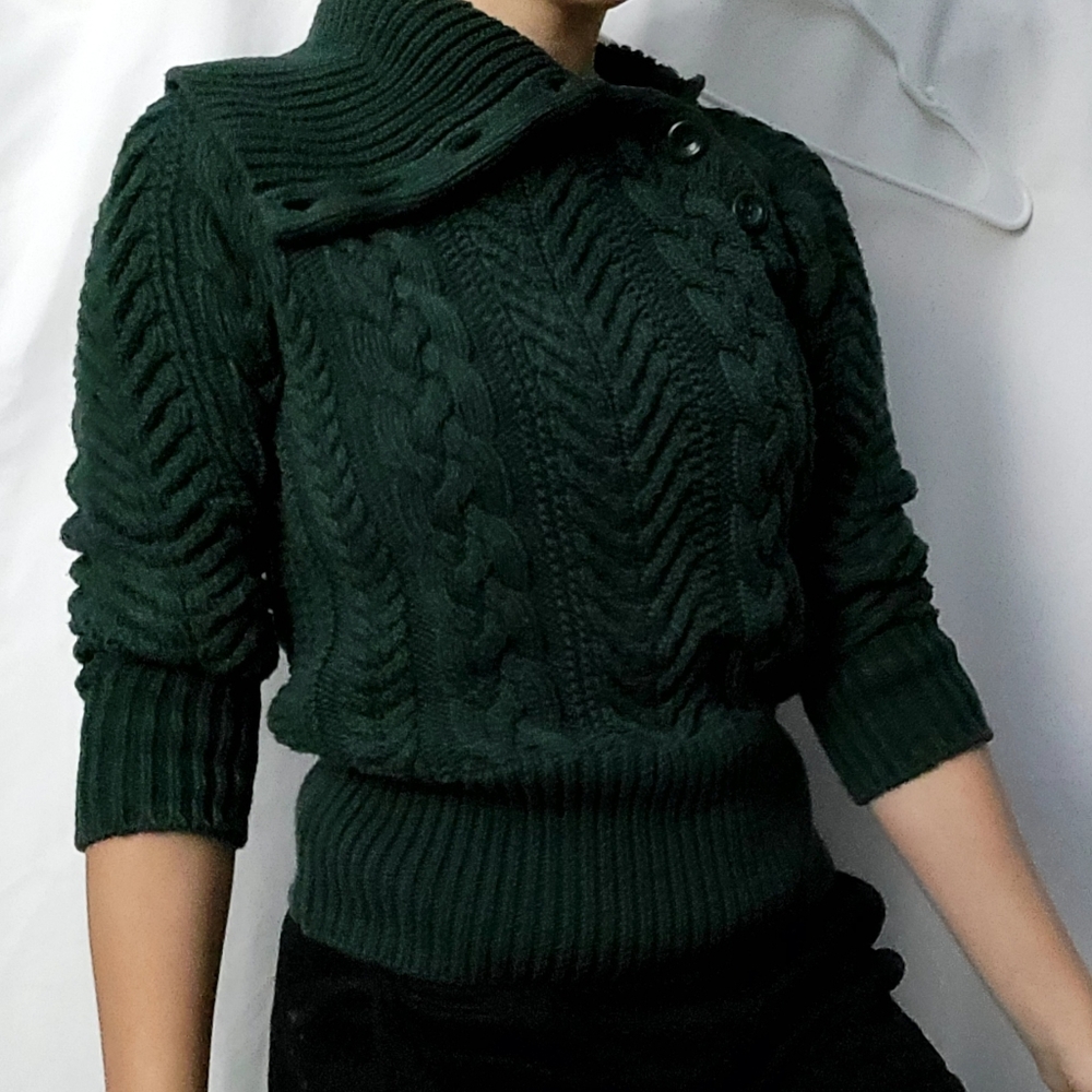 Moda International Dark Forest Green Button Cowl Neck Sweater